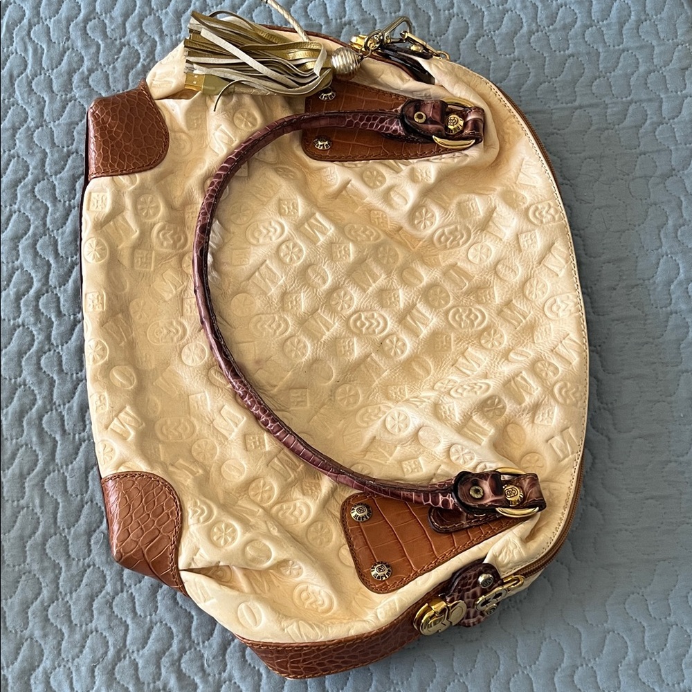 Marino Orlandi Beige and Brown Embossed Shoulder Bag